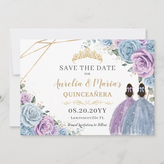 Purple and Blue Floral Twins Quinceanera Sweet 16 Save The Date (Front)