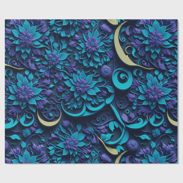Purple and Blue Flower Pattern Wrapping Paper (Flat)