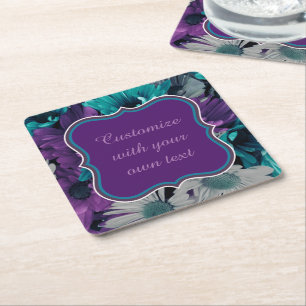 Purple and Blue Flower Smash Custom Text Square Paper Coaster