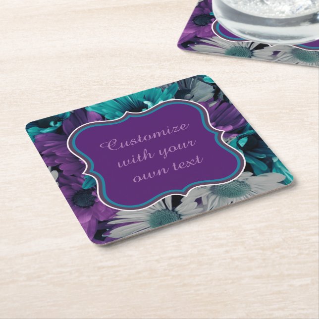 Purple and Blue Flower Smash Custom Text Square Paper Coaster (Angled)