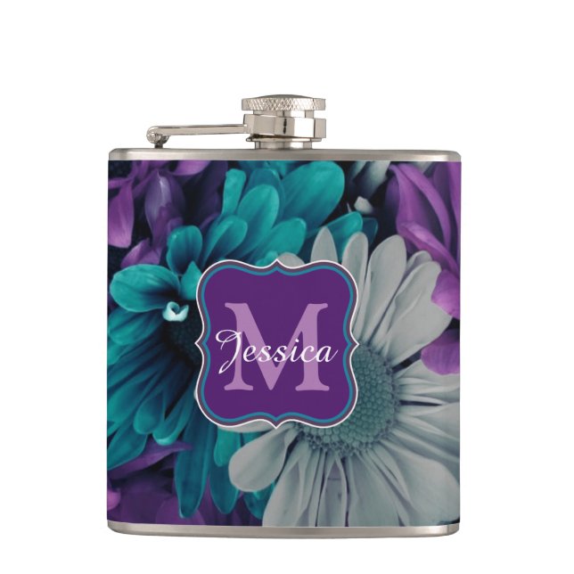 Purple and Blue Flower Smash Personalised Hip Flask (Front)
