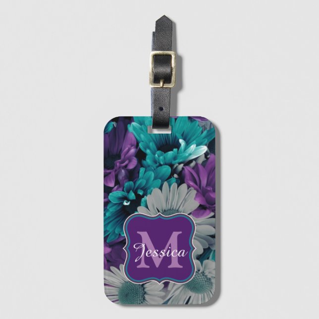 Purple and Blue Flower Smash Personalised Luggage Tag (Front Vertical)