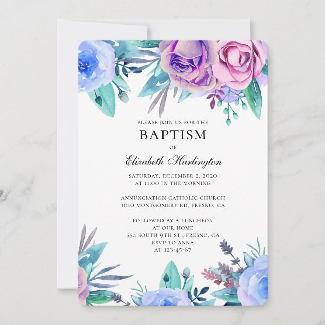 Purple and blue flowers baptism. Floral invitation (Front)