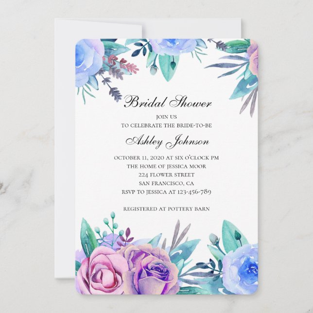 Purple and blue flowers bridal shower invitation (Front)