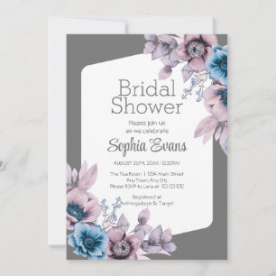 Purple and Blue Flowers Grey Bridal Shower Invitation