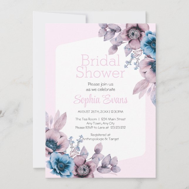 Purple and Blue Flowers Pink Bridal Shower Invitation (Front)