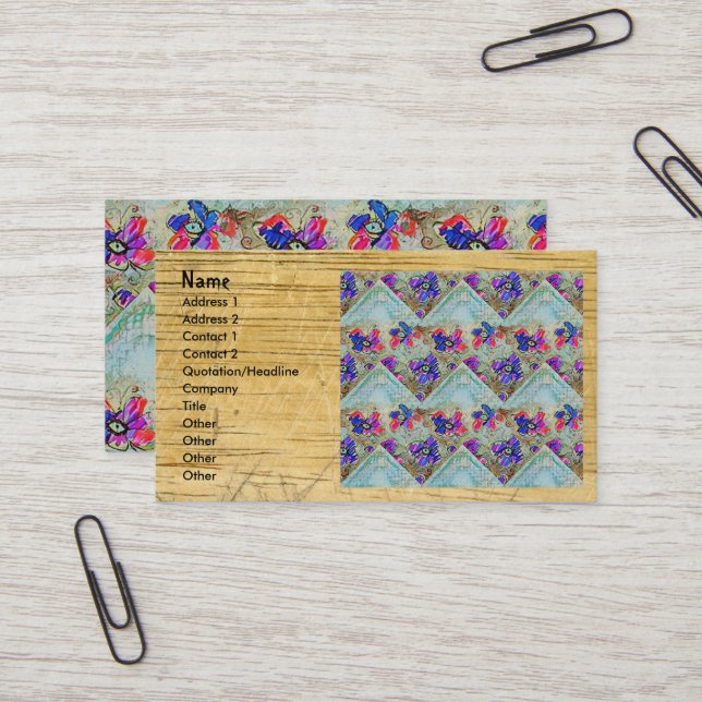 Purple and Blue Flowers Squares Zigzags Business Card (Front/Back In Situ)