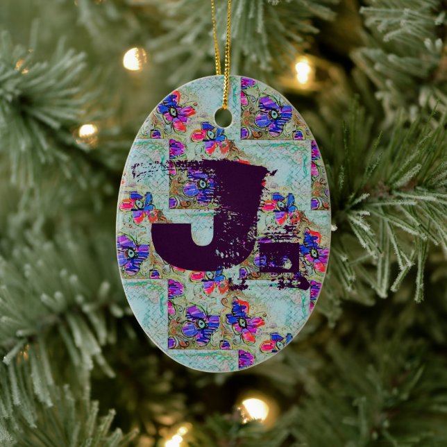 Purple and Blue Flowers Squares Zigzags Ceramic Ornament (Tree)