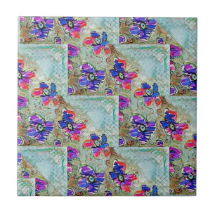 Purple and Blue Flowers Squares Zigzags Ceramic Tile