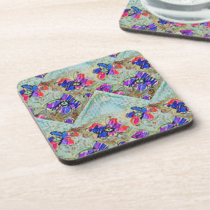 Purple and Blue Flowers Squares Zigzags Coaster