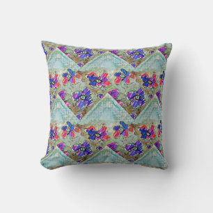 Purple and Blue Flowers Squares Zigzags Cushion