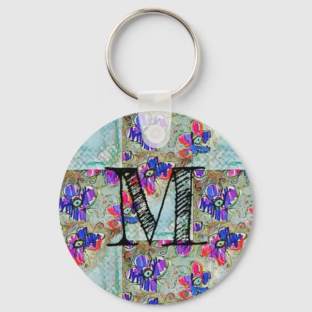 Purple and Blue Flowers Squares Zigzags Key Ring (Front)