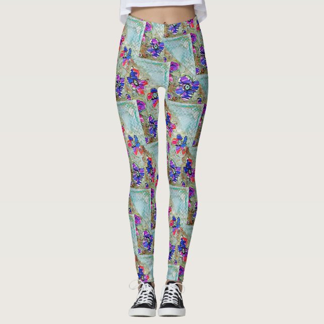 Purple and Blue Flowers Squares Zigzags Leggings (Front)