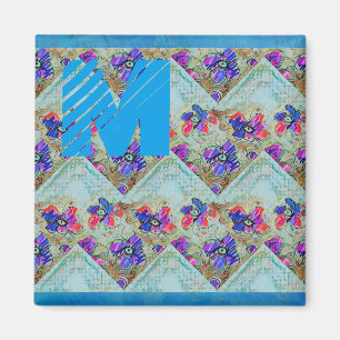 Purple and Blue Flowers Squares Zigzags Magnet