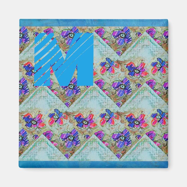 Purple and Blue Flowers Squares Zigzags Magnet (Front)