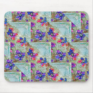 Purple and Blue Flowers Squares Zigzags Mouse Pad