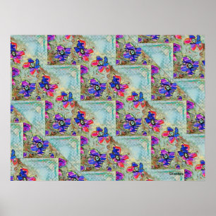 Purple and Blue Flowers Squares Zigzags Poster