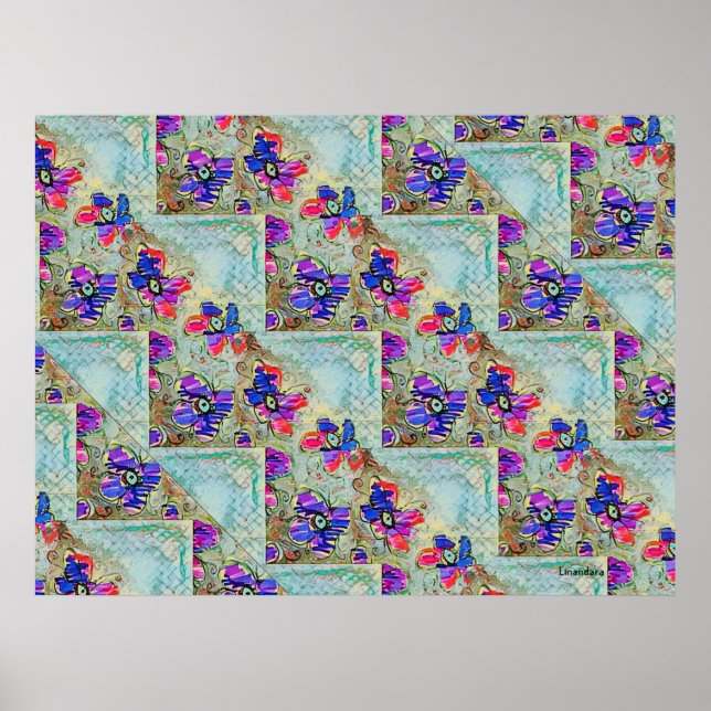 Purple and Blue Flowers Squares Zigzags Poster (Front)