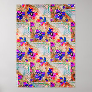 Purple and Blue Flowers Squares Zigzags Poster