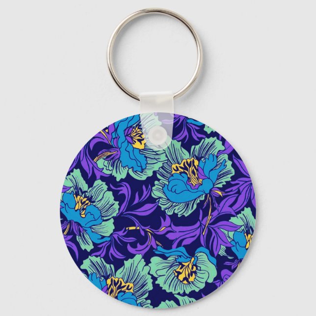 Purple and Blue Flowers William Morris Key Ring (Front)