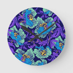 Purple and Blue Flowers William Morris Round Clock