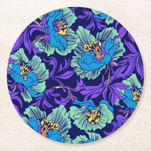 Purple and Blue Flowers William Morris Round Paper Coaster
