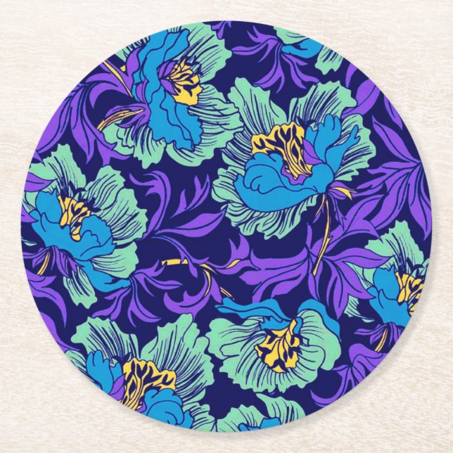Purple and Blue Flowers William Morris Round Paper Coaster (Front)