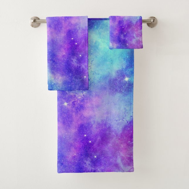 Purple and Blue Galaxy Space Abstract Bath Towel Set (Insitu)