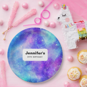 Purple and Blue Galaxy Space Abstract Birthday Paper Plate