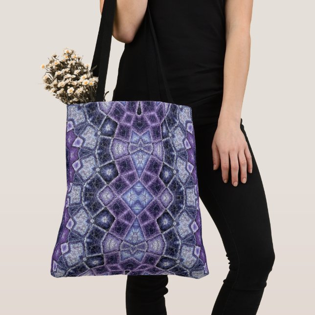 Purple and Blue Geometric Kaleidoscope Pattern Tote Bag (Close Up)