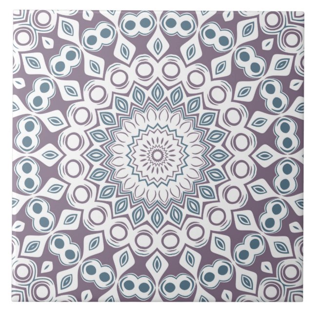 Purple and Blue Geometric Mandala Pattern Ceramic Tile (Front)