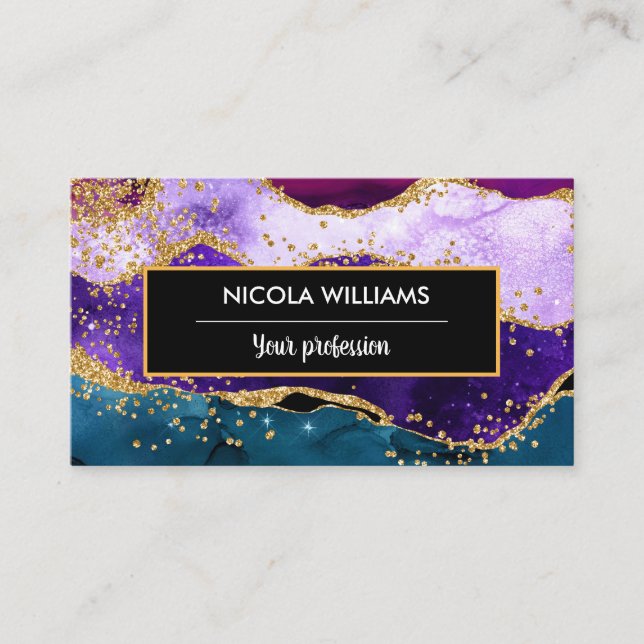 Purple and Blue Glitter Peacock Agate Business Card (Front)