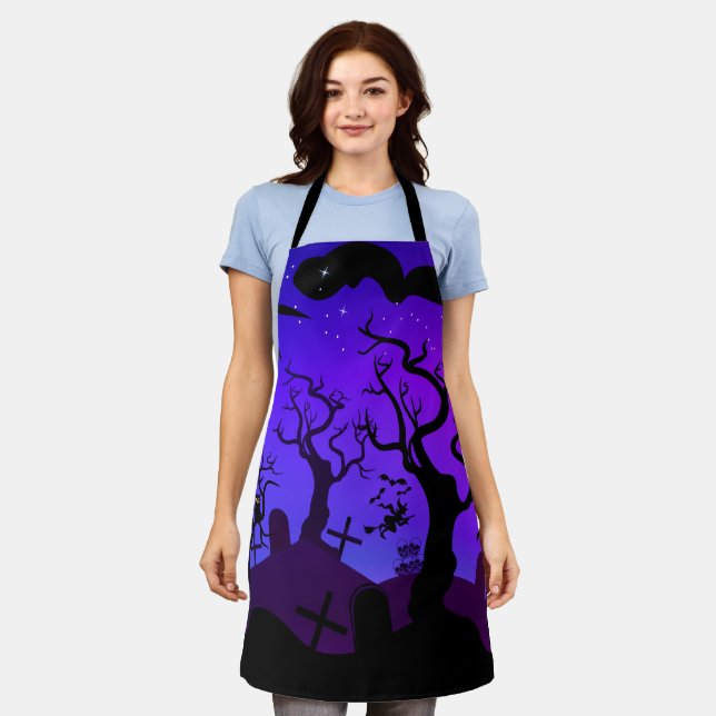 Purple and blue haunted graveyard Halloween Apron (Worn)