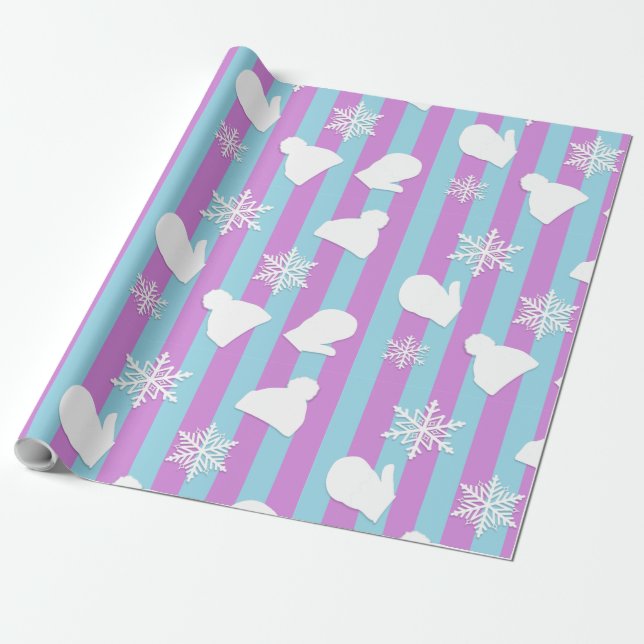 Purple and Blue Holiday Mittens and Christmas Hats Wrapping Paper (Unrolled)
