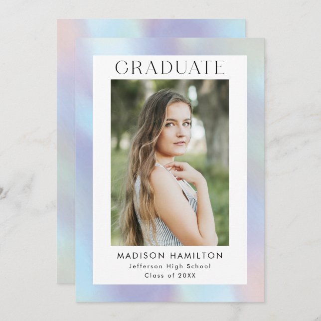 Purple and Blue Holographic Photo Graduation Party Invitation (Front/Back)