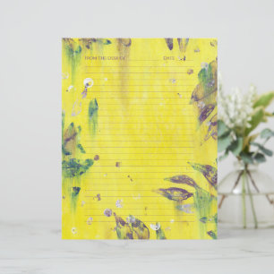 Purple and Blue Leaves on Yellow, Lined Stationery Custom Letterhead