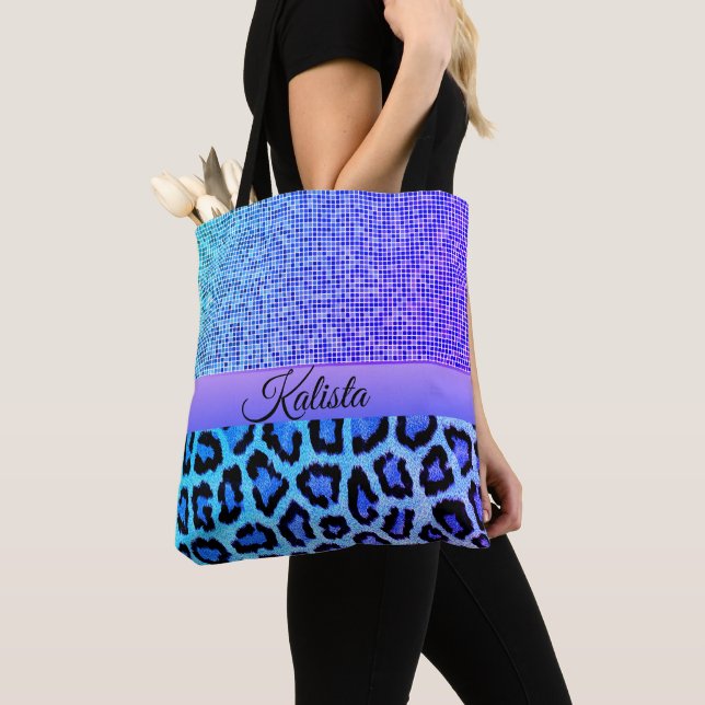  Purple and Blue Leopard and Pixeled Personalised Tote Bag (Close Up)