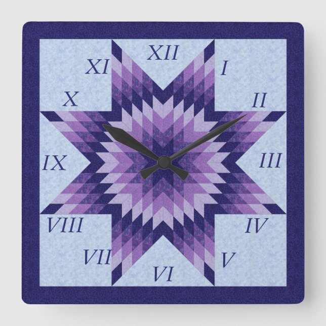 Purple and Blue Lone Star Quilt Design Square Wall Clock (Front)