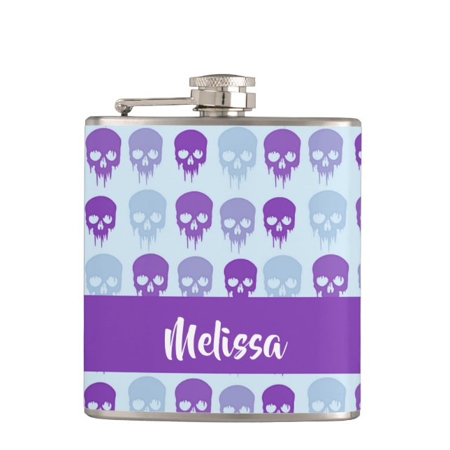 Purple and blue melting skulls pattern hip flask (Front)