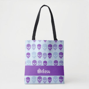 Purple and blue melting skulls pattern tote bag