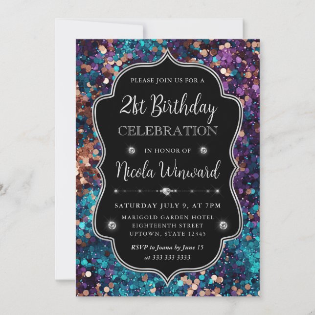 Purple and Blue Mermaid Sequins Frame Birthday Invitation (Front)