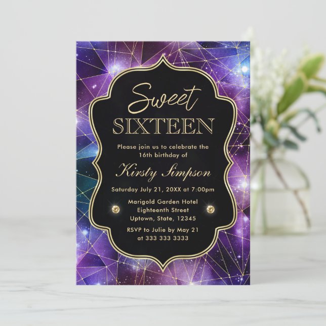 Purple and Blue Midnight Crystal Galaxy Sweet 16 Invitation (Standing Front)
