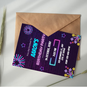 Purple and Blue Neon Glowing Birthday Party Invitation