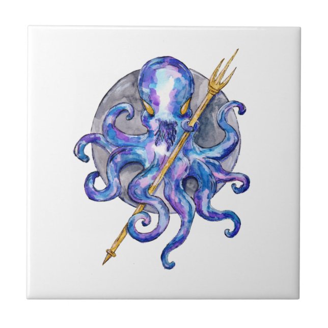 Purple and Blue Octopus with Trident Ceramic Tile (Front)