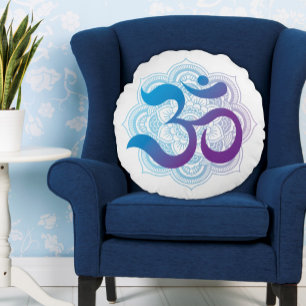 Purple and Blue Om Symbol Mandala Flower White Round Cushion