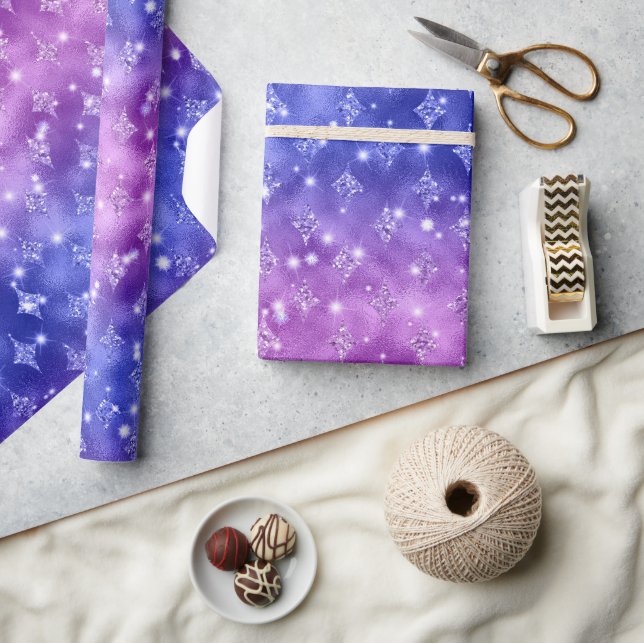 Purple and Blue Ombre Glitter Celestial Pattern Wrapping Paper (Crafts)