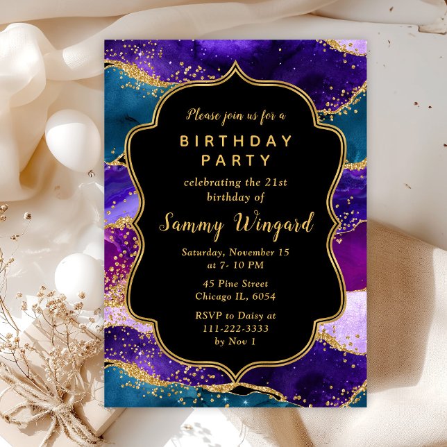 Purple and Blue Peacock Agate Birthday Invitation (Creator Uploaded)