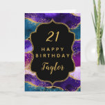 Purple and Blue Peacock Agate Happy Birthday Card<br><div class="desc">This elegant and glamourous birthday card can be personalised with a name or title such as mum, daughter, granddaughter, niece, friend etc. The design features a purple and teal blue agate marble background with faux gold glitter accents. The text combines handwritten script and modern sans serif fonts for a classy...</div>