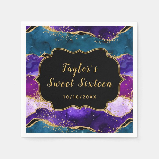 Purple and Blue Peacock Agate Sweet Sixteen Napkin (Front)