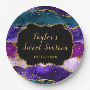 Purple and Blue Peacock Agate Sweet Sixteen Paper Plate